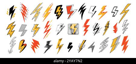 Thunderbolt Kritzelsymbole. Handgezeichnete Blitzskizze, niedliche Retro-Symbole für elektrische Energie, skurrile, handgezeichnete Stromschlagzeichen. Vektor Stock Vektor