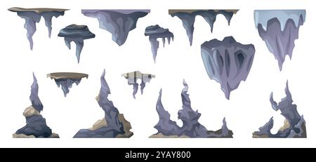 Zeichentrickstalaktit. Geologische unterirdische Bildung von Kalkstein, vulkanische Höhle mit Stalagmiten und Stalaktiten flach. Vektor-isolierter Satz Stock Vektor