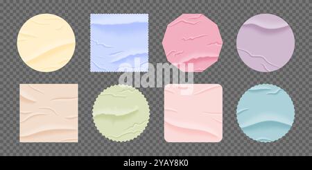Set mit geometrischen bunten Papieraufklebern. Mockup-Set mit geklebtem, zerknittertem Aufkleber. Realistische isolierte Vektordarstellung Stock Vektor