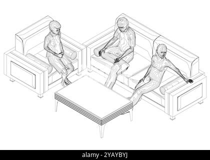 Umriss von Personen, die auf Sofa und Stuhl am Tisch sitzen. Isometrische Ansicht. Vektorabbildung. 3D Stock Vektor