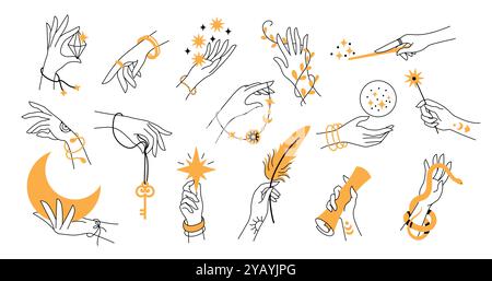Mystische Boho-Hände. Elegante Damenhand mit Schmuck, magischen esoterischen Symbolen und zartem, floralem Tattoo-Boho-Design. Vektorsatz Stock Vektor