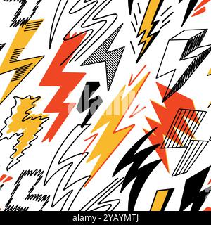 Blitzlichtmuster. Nahtloser Druck aus niedlichen elektrischen Energieblitzen im Zeichentrickstil und trendigem, handgezeichnetem Blitz-Doodle-Motiv. Vektortextur Stock Vektor