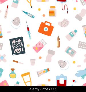 Symbole für medizinische Werkzeuge nahtloses Muster. Pillen Arzneimittelröhrchen und -Flaschen. Krankenhaus- und Pharmazie-Elemente. Dekorative Gesundheitswesen Vektor Hintergrund Stock Vektor