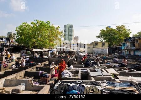 Wäscherei in Slum in der Nähe von Colaba, Mumbai, Indien Stockfoto