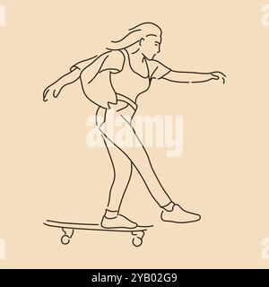 Skateboard Girl. Zeichnung von Strichgrafiken. Vektorgrafik der Skizzenkontur Stock Vektor