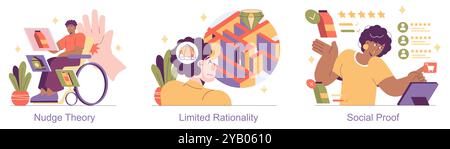 Verhaltensökonomie festgelegt. Abbildungen, die Konzepte der Nudge-Theorie, begrenzter Rationalität und sozialer Beweis darstellen. Menschen, die sich mit digitalen Schnittstellen, komplexen Auswahlmöglichkeiten und Peer Reviews beschäftigen. Vektorabbildung. Stock Vektor