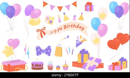 Alles Gute zur Geburtstagsparty. Banner Ballons Geschenkboxen Kuchen und Konfetti. Isolierte lebendige festliche Elemente, Süßigkeiten und Accessoires, Vektor-Clipart Stock Vektor