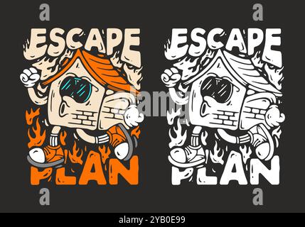 Escape-Plan. Hausmaskottchen-Charakter in laufender Pose-Illustration Stock Vektor