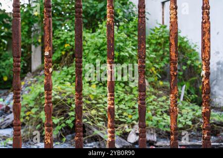 Eine Nahaufnahme eines rostigen Metallzauns mit verwitterten Gittern vor einem Hintergrund von bewachsenem Grün. Stockfoto