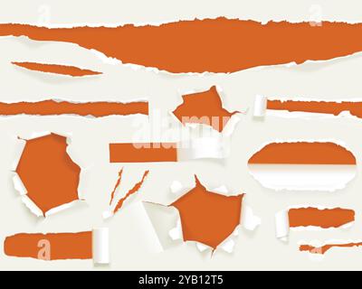 Realistische Papierlöcher. Gerissene Papiere Locheffekt, gerissene Seite bricht weiß leeres Blatt gerissene Kante Schmirgelspalte Beschädigung zerrissener Karton Burst Poster Rip Strip exakte Vektorillustration Originalvorlage Stock Vektor
