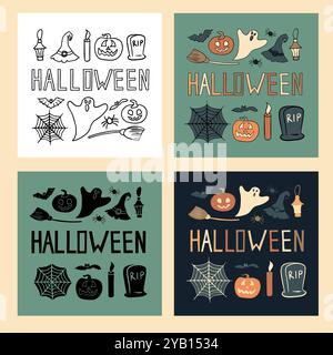 Farbenfrohe Halloween-Dekorationen mit Kürbissen, Geistern und Netzen, die perfekt für den Geist der Feiertage sind Stock Vektor