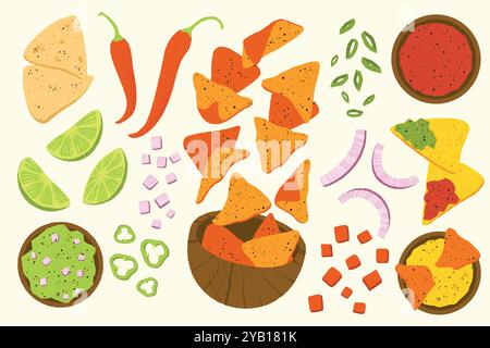 Nachos für Zeichentrickfilme. Mexikanisches traditionelles Essen mit Käsesauce und Salsa, Fast Food Vorspeise mit Maischips, flacher Stil. Vektor-isolierter Satz Stock Vektor