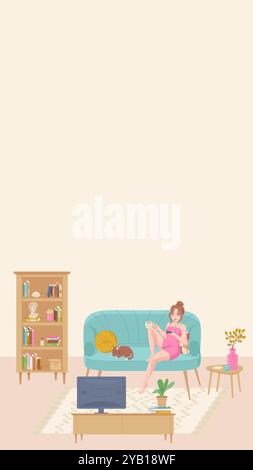 Story-Vorlage. Mädchen schaut auf einem gemütlichen Sofa in einem Wohnzimmer mit einer Katzenillustration fern. Entspannte Atmosphäre, Freizeit zu Hause, Hygge Innenkonzept. Stock Vektor