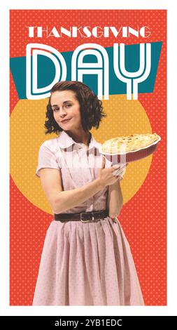 Zeitgenössische Kunstcollage. Junge lächelnde Frau, Hausfrau im Retro-Outfit, präsentiert Thanksgiving Pie. Retro-Stil, Pin-up. Stockfoto