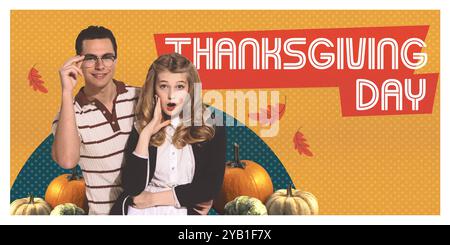 Zeitgenössische Kunstcollage. Junges Paar in klassischen Outfits mit verspieltem Ausdruck. Herbstfarben und Kürbisse sorgen für eine lustige Thanksgiving-Atmosphäre. Retro Stockfoto