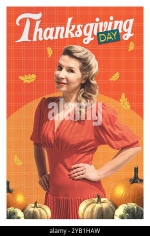 Zeitgenössische Kunstcollage. Frau in rotem Kleid, umgeben von Kürbissen und Laub. Selbstbewusster und festlicher Thanksgiving-Look. Retro-Stil, Pin-up. Stockfoto