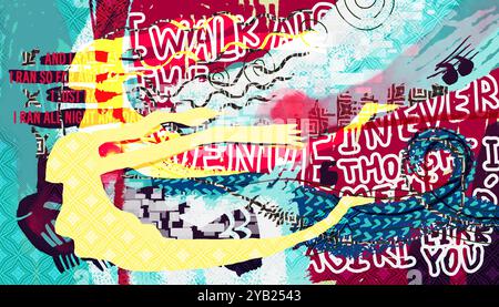 Eine Frau fliegt mit experimenteller Typografie und abstraktem Stil in einer modernen digitalen Malerei. Zeitgenössische Kunst mit Graffiti als Dekoration Stockfoto