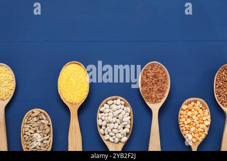 Verschiedene Getreidesorten, Samen und Hülsenfrüchte in Löffeln auf blauem Holztisch, flach gelegt. Leerzeichen für Text Stockfoto