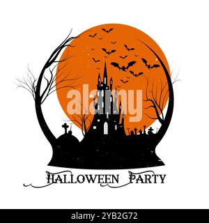 Halloween-Party, gruselige Silhouette eines gespenstischen Hauses auf einem Hügel mit Fledermäusen, Schloss und Friedhof, orangefarbenem Mond, Logo-Label-Vektor-Illustration. Beängstigend Stock Vektor