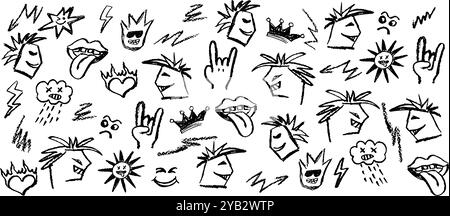 Grunge-Rock-Hintergrund mit Doodle-Elementen. Wachsstift, der den Mund mit der Zunge aufgehängt hat, schwarze Holzkohle-Karikaturwolke im Stil und Stock Vektor