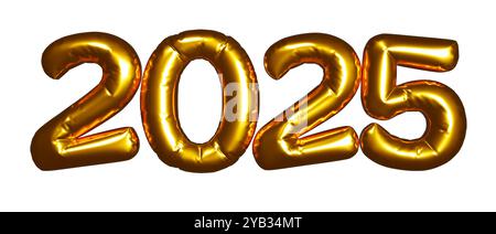 Goldene Ballons 2025 Neujahrstext isoliert auf weißem Hintergrund. Aufgeblähte Schriftzeichen für weihnachten, Neujahr und saisonale Feiertage. Stockfoto
