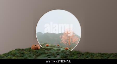 Kürbisfeld hinter weißer Betonwand mit rundem Fenster und leerem Raum. Blick auf den geheimen Garten mit Ahornbaum in der Herbstsaison. Thanksgiving und h Stockfoto