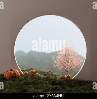 Kürbisfeld hinter weißer Betonwand mit runder Tür. Blick auf den geheimen Garten in der Herbstsaison. Thanksgiving und halloween Hintergrund surreale Kreaturen Stockfoto