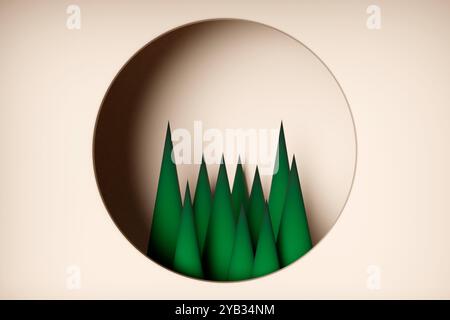 Minimaler weihnachtshintergrund mit grüner Papierkanne innerhalb des runden Rahmens in der Wand. Kreative Konzeptidee für Winter und Feiertage. Kiefernwald PA Stockfoto