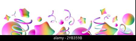 Lebendige, verspielte Fußzeile mit bunten irisierenden Sternen, Spiralen und Kugeln. Diese lebendige und festliche Grafik verleiht Ihrem Kind einen fröhlichen und dynamischen Touch Stockfoto