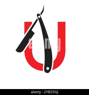 Letter U Salon Logo-Konzept mit Rasiermesser-Symbol Stock Vektor