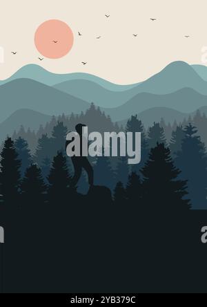 Wald Natur Landschaft Hintergrund mit Bergen. Konzept der Entdeckung, Entdeckerwanderung, Abenteuer Stock Vektor