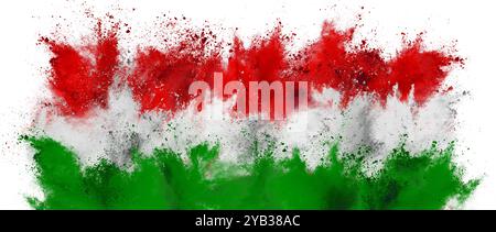 Bunte Flagge von ungarn mit weißer grüner roter Farbe holi Farbe Pulver Explosion isoliert auf weißem Hintergrund. ungarische nationale europa Reise und tou Stockfoto