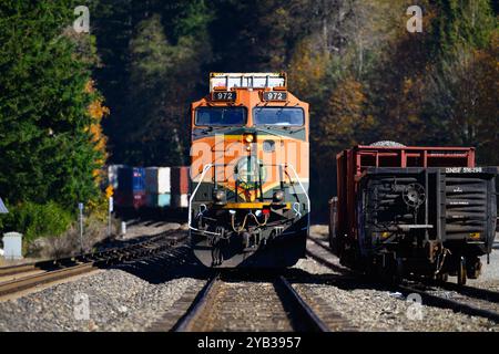 Skykomish, WA, USA - 12. Oktober 2024; orangefarbene BNSF-Güterlokomotive auf Gleisansicht mit Logo Stockfoto