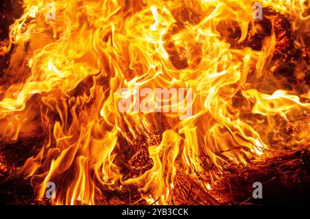 Intensive Feuer-Flammen, Brandstruktur für Hintergründe und Designs. Hintergrundbild Stockfoto