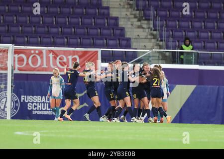 Wien, Österreich. Oktober 2024. Wien, Österreich, 16. Oktober 2024: St Polten Spieler feiert den Eqalizer während des Gruppenspiels der UEFA-Frauenmeister-Liga St Polten gegen Manchester City im Viola Park, Wien Tom Seiss/SPP (Tom Seiss/SPP) Credit: SPP Sport Press Photo. /Alamy Live News Stockfoto