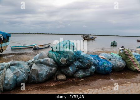 Lamu, Kenia. Oktober 2024. Plastikabfälle, die in Netzen am Ufer des Indischen Ozeans in Lamu gefunden wurden. (Foto: James Wakibia/SOPA Images/SIPA USA) Credit: SIPA USA/Alamy Live News Stockfoto