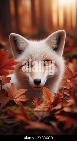 Eine Nahaufnahme eines weißen Fuchses mit orangefarbenen Augen, umgeben von Herbstblättern in einem Wald. Stockfoto