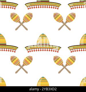 Vektor mexikanischer Sombrero mit Maracas. Cinco de Mayo Symbol isoliert auf weißem Hintergrund. Nahtloses Muster Stock Vektor