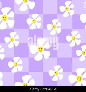 Nahtloses, grooviges Retro-Muster. Lilafarbenes Schachbrett mit weißem Lächeln Gänseblümchen. Stock-Vektor-Illustration in flacher Zeichentrickstil. Stock Vektor