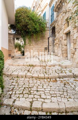 Enge Kopfsteinpflasterstraße im historischen Zentrum von Scicli, barocke Stadt in der Provinz Ragusa, Ostsizilien, Italien Stockfoto