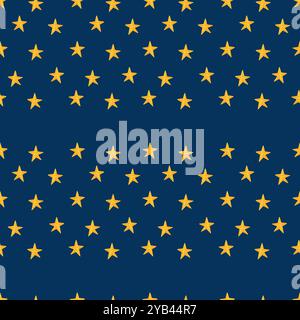 Nahtloses Muster mit gelben Sternen, Aquarellillustration. Sterne auf dunklem Hintergrund. Kosmische, astronomische Muster, magische Ornamente. Gut für Stockfoto