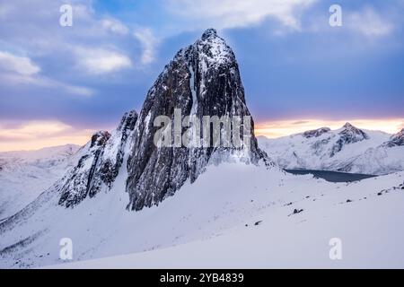 Der Gipfel des Segla-Berges vom Hesten Trail in der Nähe von Fjordgard auf der Insel Senja, Norwegen im Winter. Malerische Winterlandschaft mit schneebedeckten Bergen und Stockfoto