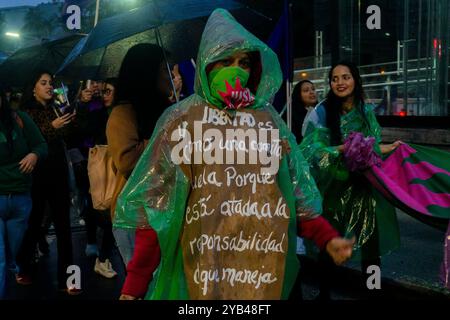 Quito, Ecuador. September 2024. Während der Demonstration wird ein Demonstrant in einem Regenmantel mit Protestslogans gesehen. Verschiedene feministische Kollektive marschieren in den Straßen von Quito, um gegen die Diskriminierung von Abtreibung zu protestieren. Trotz der historischen Entscheidung des ecuadorianischen Verfassungsgerichts, Abtreibungen zu entkriminalisieren, verlief die Umsetzung der Entkriminalisierung langsam und stieß auf politischen und sozialen Widerstand. (Foto: Veronica Lombeida/SOPA Images/SIPA USA) Credit: SIPA USA/Alamy Live News Stockfoto