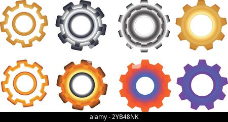 Set aus acht Symbolen mit silbernen goldenen, orangen, gelben und blauen Farben auf transparentem weißem Hintergrund Stock Vektor