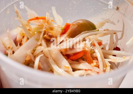 Som Tumm der thailändische grüne Papaya-Salat in einem Plastikbehälter, der auf einem Thai Food Festival in Manassas, VA, USA serviert wird Stockfoto