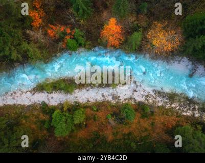 Blick aus der Vogelperspektive auf den Bergfluss im farbenfrohen Wald im Herbst Stockfoto