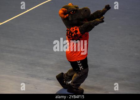 Torrelavega, Kantabrien, Spanien. Oktober 2024. Torrelavega, Spanien, 15. Oktober 2024: Bathco BM. Torrelavega Maskottchen beim 2. Gruppenspiel der EHF European League 2024-25 zwischen Bathco BM. Torrelavega und RK Nexe am 15. Oktober 2024 im Vicente Trueba Pavillon in Torrelavega, Spanien. (Kreditbild: © Alberto Brevers/Pacific Press via ZUMA Press Wire) NUR REDAKTIONELLE VERWENDUNG! Nicht für kommerzielle ZWECKE! Stockfoto