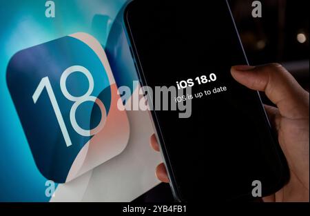 Oktober 2024: In dieser Abbildung installiert eine Person am 16. Oktober 2024 Updates von iOS 18 auf einem iPhone-Gerät in Neu-Delhi, Indien. (Kreditbild: © David Talukdar/ZUMA Press Wire) NUR REDAKTIONELLE VERWENDUNG! Nicht für kommerzielle ZWECKE! Stockfoto