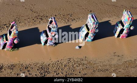 Luftaufnahme von Cadillacs auf einer überfluteten Cadillac Ranch Stockfoto