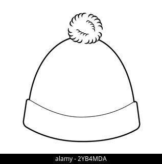 Puppenhut mit Pompon. Gestrickter Winterkopf Mode Accessoire Cap Kleidung technische Illustration. Vektor-Kopfbedeckung für Männer, Frauen, Unisex-Stil, flache Vorlage CAD-Modell Skizze Umriss isoliert Stock Vektor